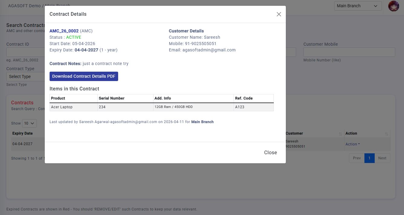 SCROLE AMC, Product, Contract, and Warranty Management screen showing customer products, warranty expiry, AMC coverage, contracts, serial numbers, and product-wise service history