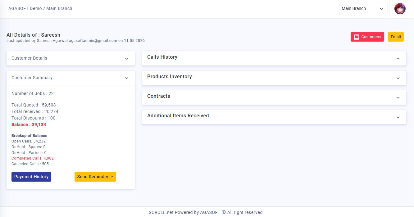 SCROLE Customer Management screen showing customer profile, service call history, product inventory, warranty tracking, contracts, payment summary, and customer account details