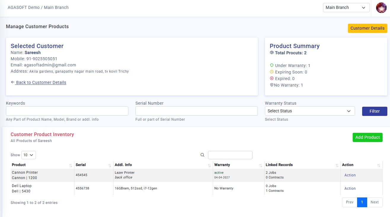 SCROLE Customer Product and Warranty Tracking screen showing registered products, serial numbers, warranty expiry dates, contracts, and product-wise service history