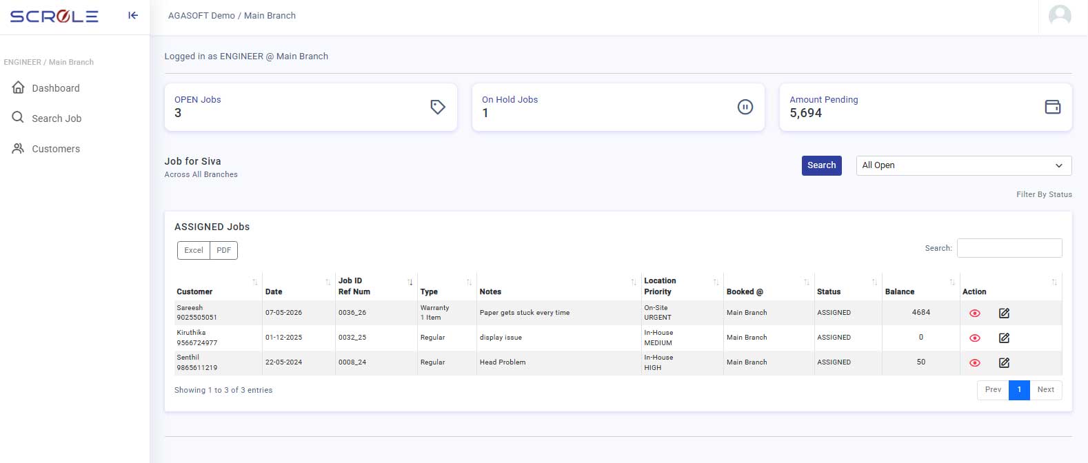 SCROLE Engineer Panel showing assigned service calls, job status updates, pending collections, and engineer work tracking