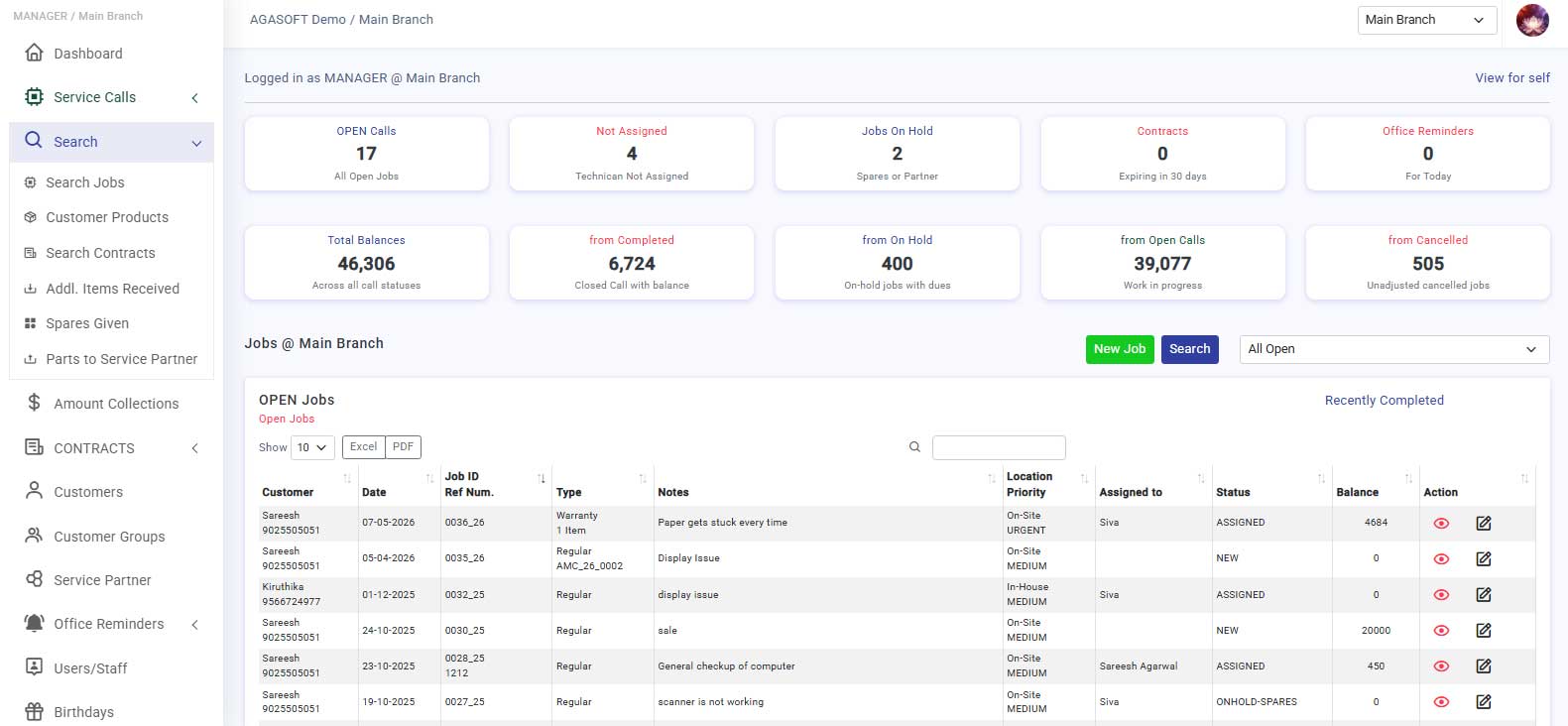 SCROLE Office Dashboard showing service calls, engineer assignments, contracts, reminders, collections, and customer management operations