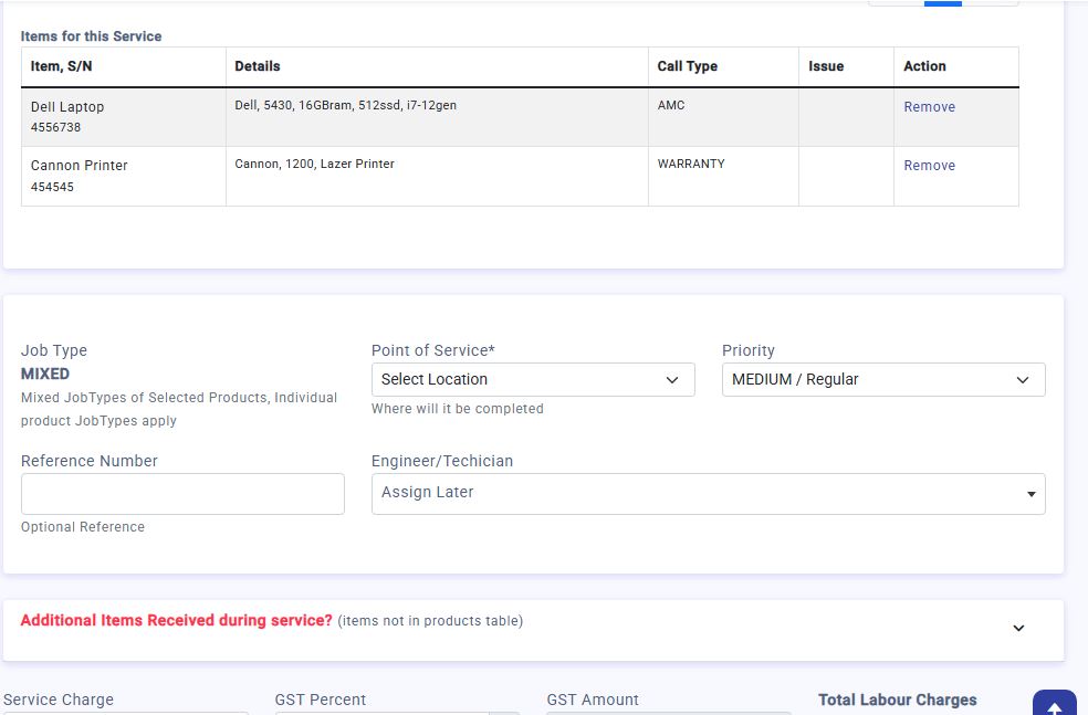 SCROLE Service Call Management showing multiple products, service types, spare tracking, and centralized service workflow